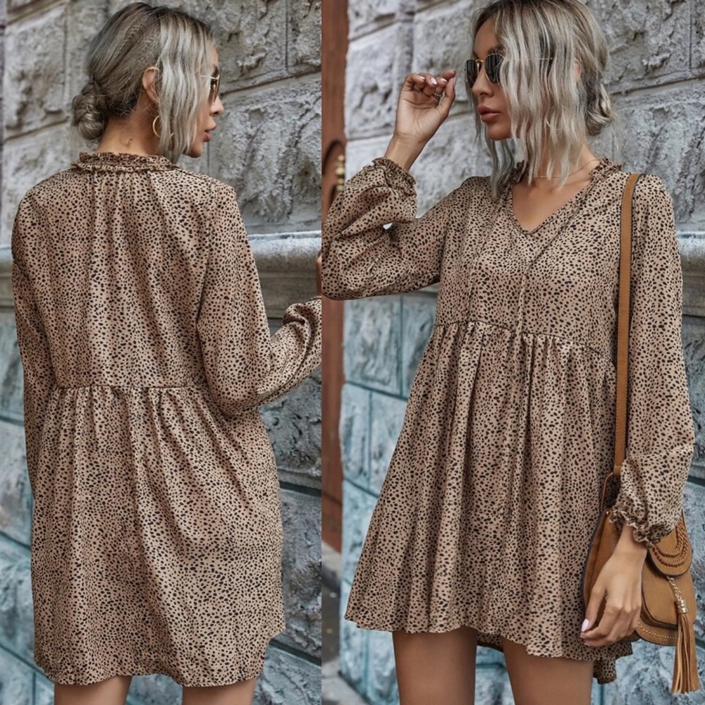 Leopard dot smock dress boho long sleeve tan - Picture 1 of 1